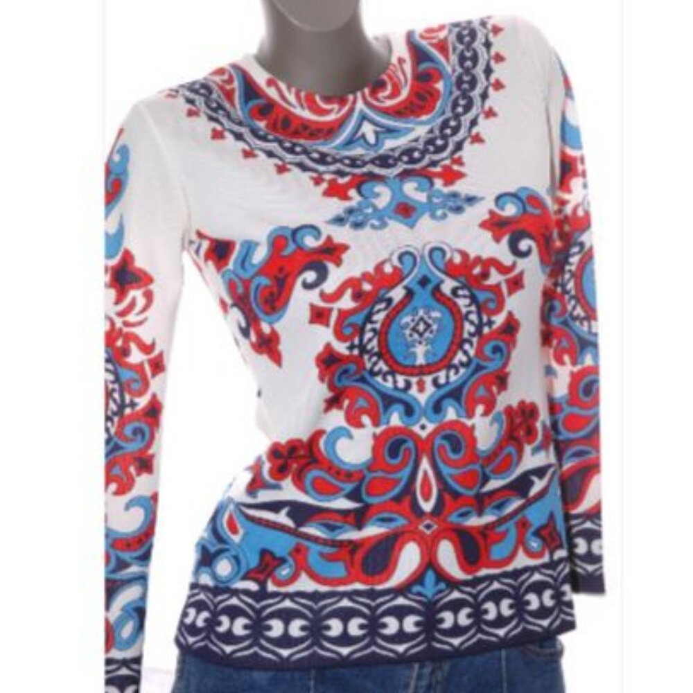 Vintage Pull Over Shirt Top Blouse Fleur de lis 60s 70s Retro GoGo Mod Size:M